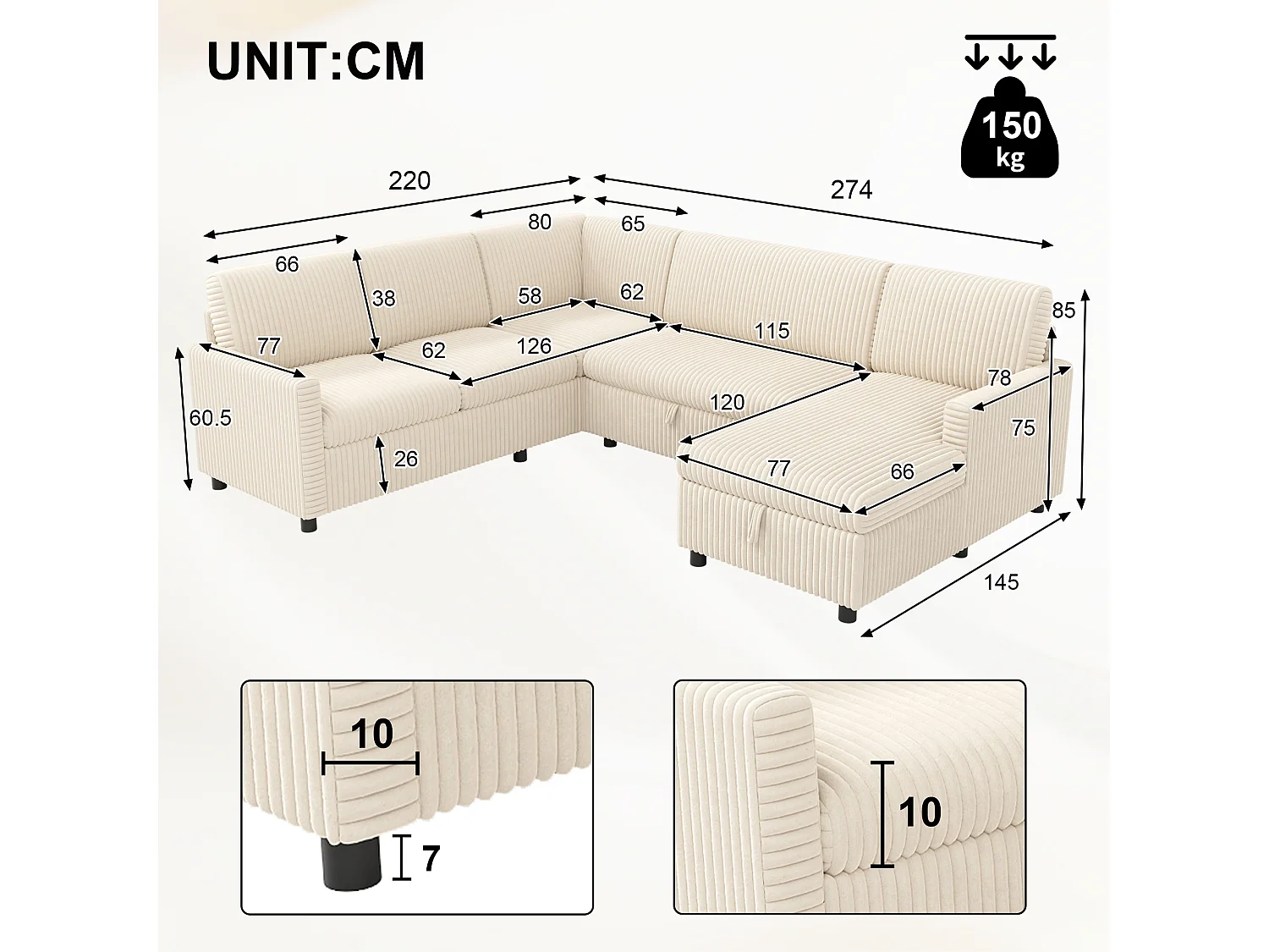 Canapé d'angle en U moderne - avec espace de rangement - avec espace de rangement - canapé convertible avec fonction couchage - velours côtelé - beige