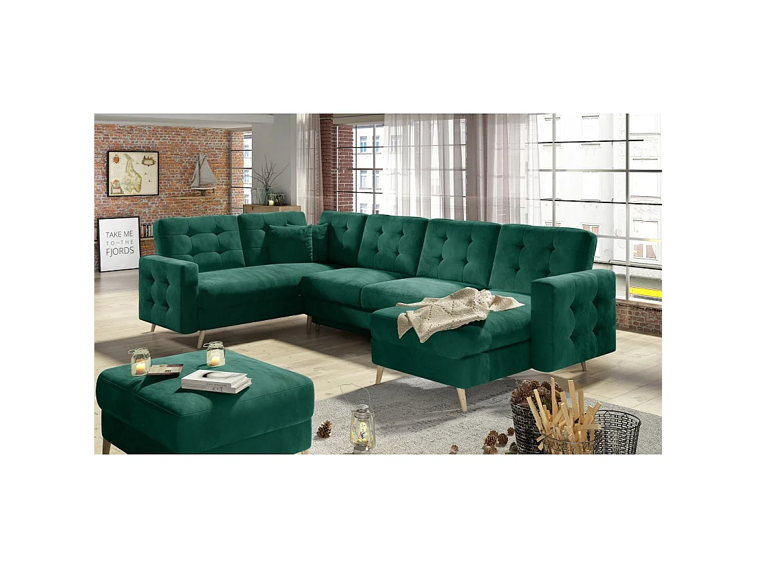 Sofá de esquina panorámico convertible HASGARD U 326x202 cm verde esmeralda terciopelo
