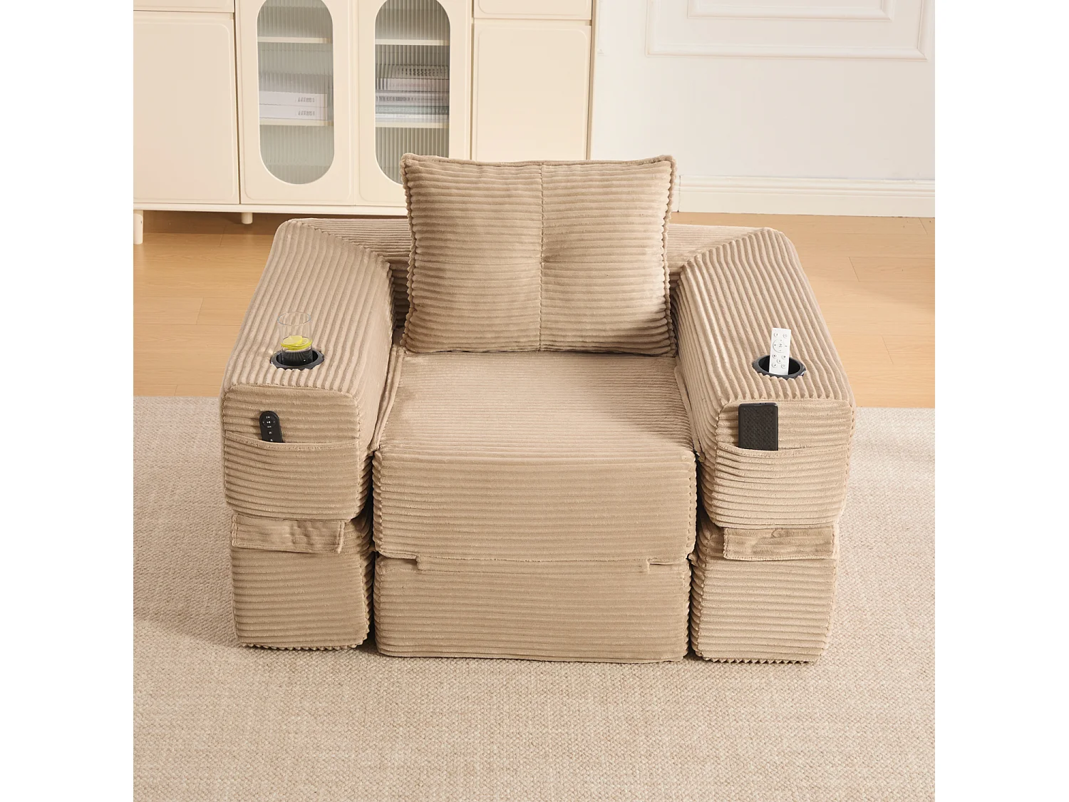 Canapé convertible en velours côtelé avec poche latérale et porte-gobelet - Couleur Kaki
