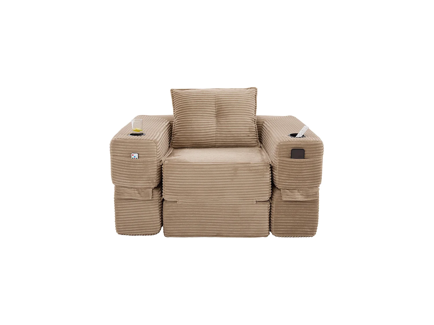 Canapé convertible en velours côtelé avec poche latérale et porte-gobelet - Couleur Kaki