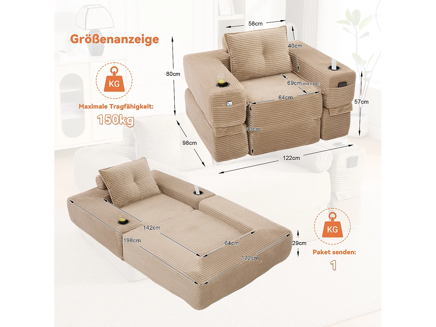 Canapé convertible en velours côtelé avec poche latérale et porte-gobelet - Couleur Kaki
