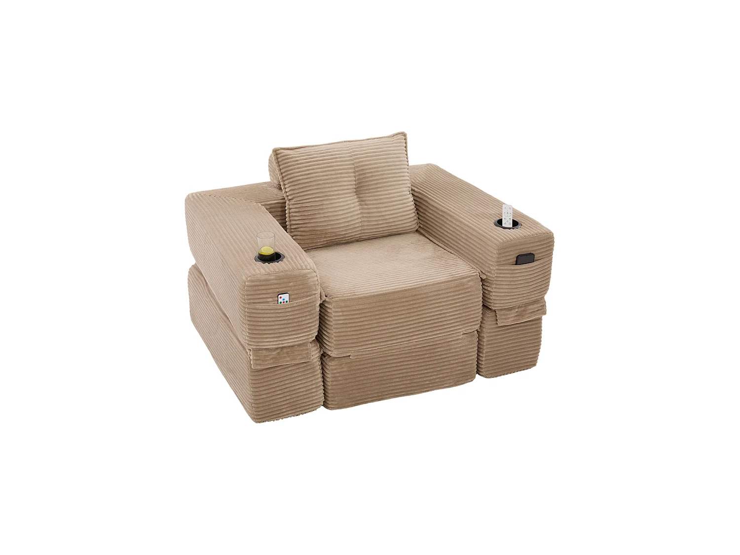 Canapé convertible en velours côtelé avec poche latérale et porte-gobelet - Couleur Kaki