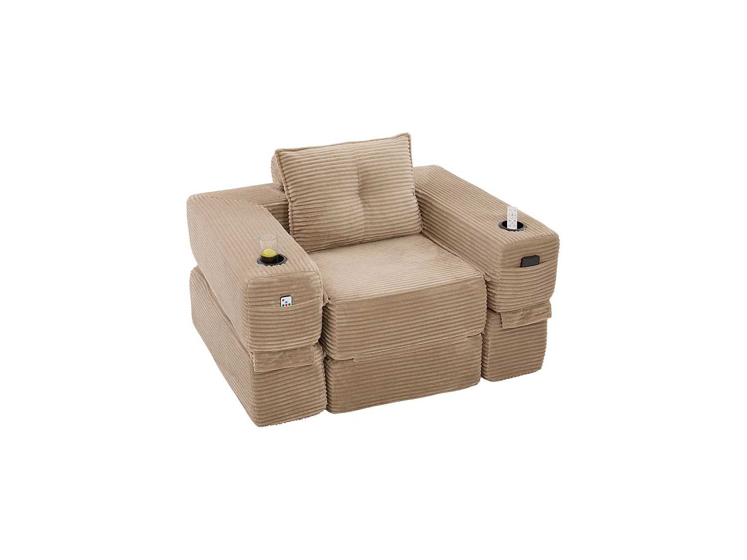 Canapé convertible en velours côtelé avec poche latérale et porte-gobelet - Couleur Kaki
