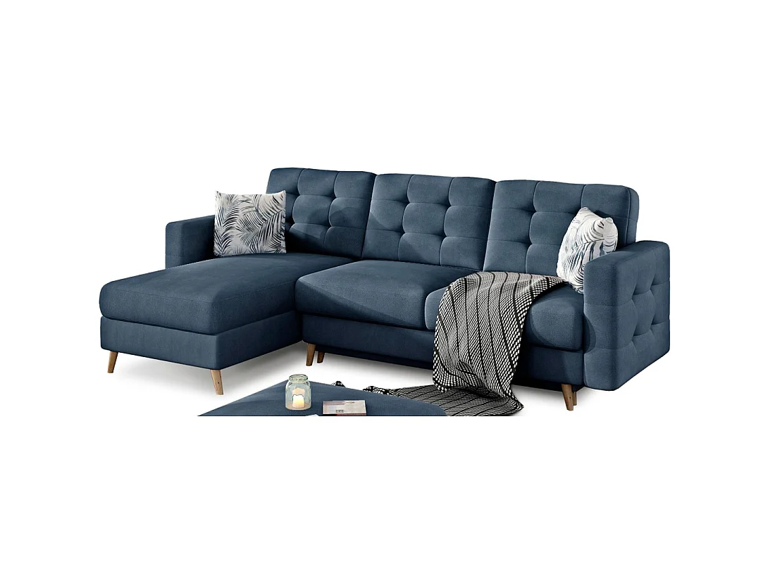 Canapé d'angle convertible HASGARD 3 places bleu foncé 248x162 cm – coffre et pieds bois