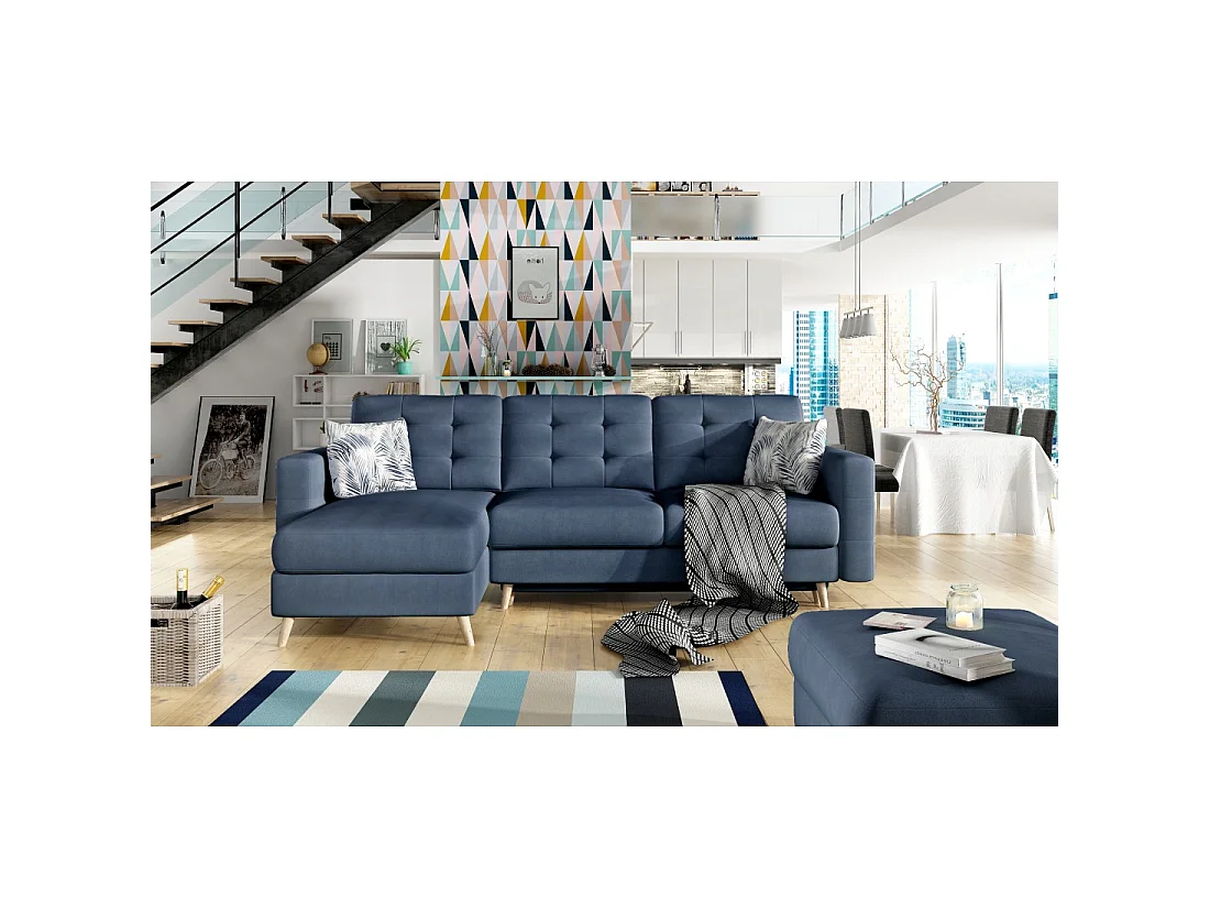 Canapé d'angle convertible HASGARD 3 places bleu foncé 248x162 cm – coffre et pieds bois