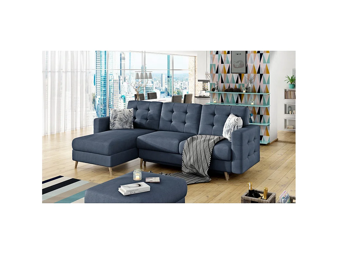 Canapé d'angle convertible HASGARD 3 places bleu foncé 248x162 cm – coffre et pieds bois