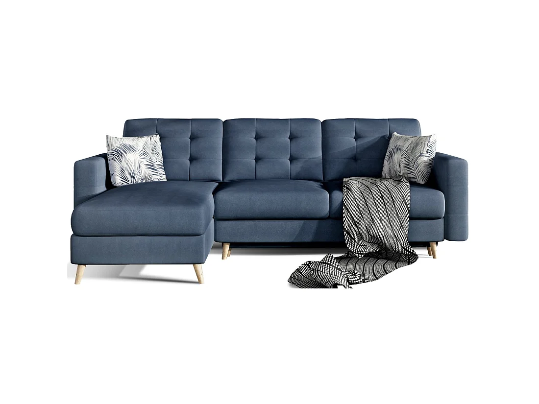 Canapé d'angle convertible HASGARD 3 places bleu foncé 248x162 cm – coffre et pieds bois