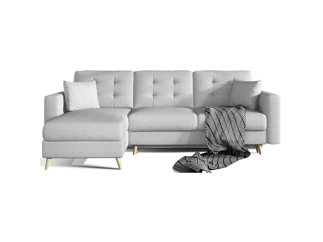 Canapé d'angle convertible HASGARD 3 places gris 248x162 cm – coffre et pieds bois