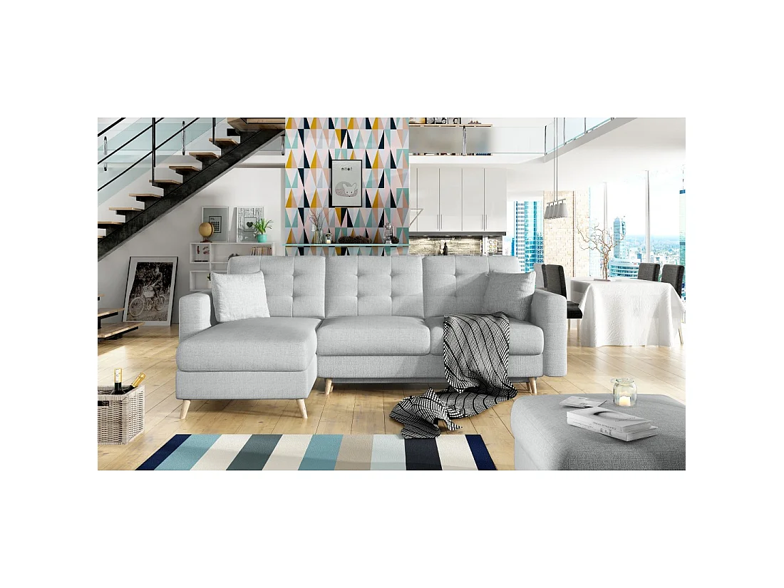 Canapé d'angle convertible HASGARD 3 places gris 248x162 cm – coffre et pieds bois