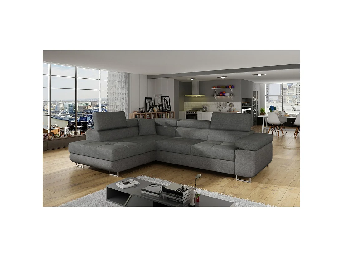 Canapé d'angle convertible MENTON gris tissu tissé – Angle gauche avec coffre