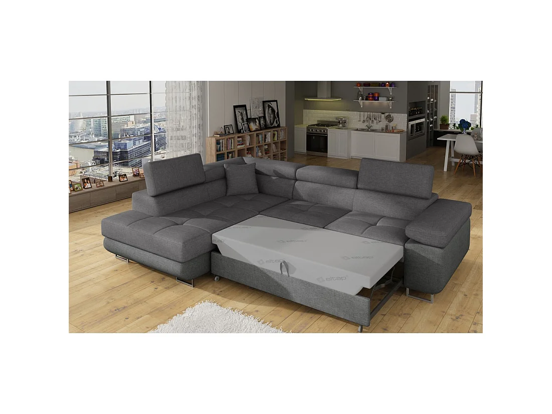 Canapé d'angle convertible MENTON gris tissu tissé – Angle gauche avec coffre