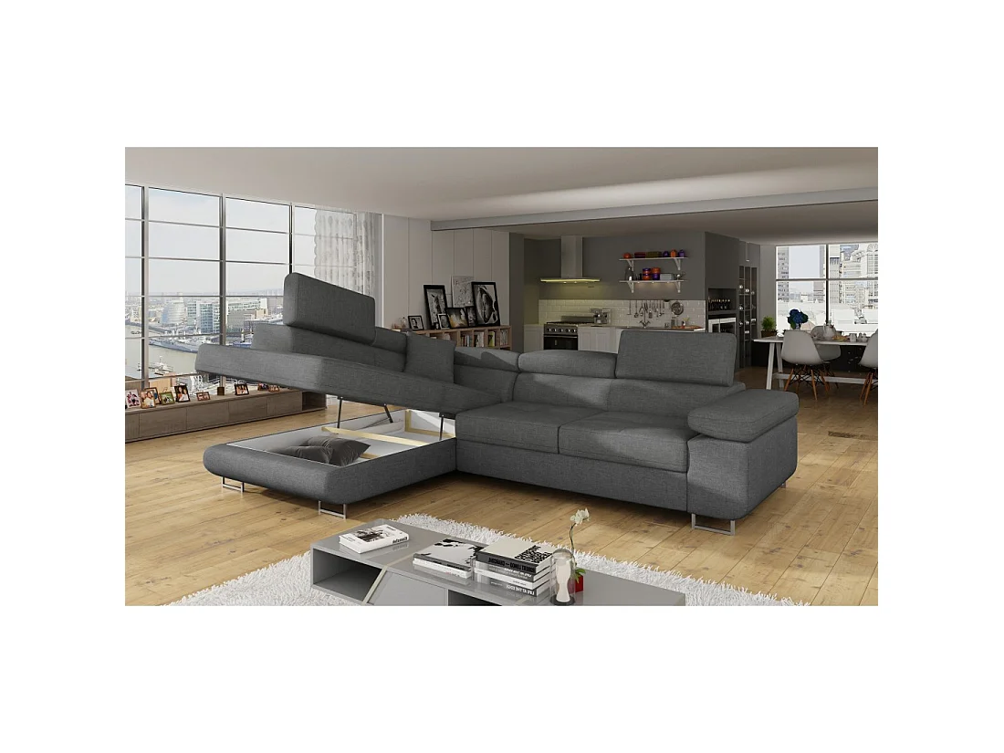 Canapé d'angle convertible MENTON gris tissu tissé – Angle gauche avec coffre