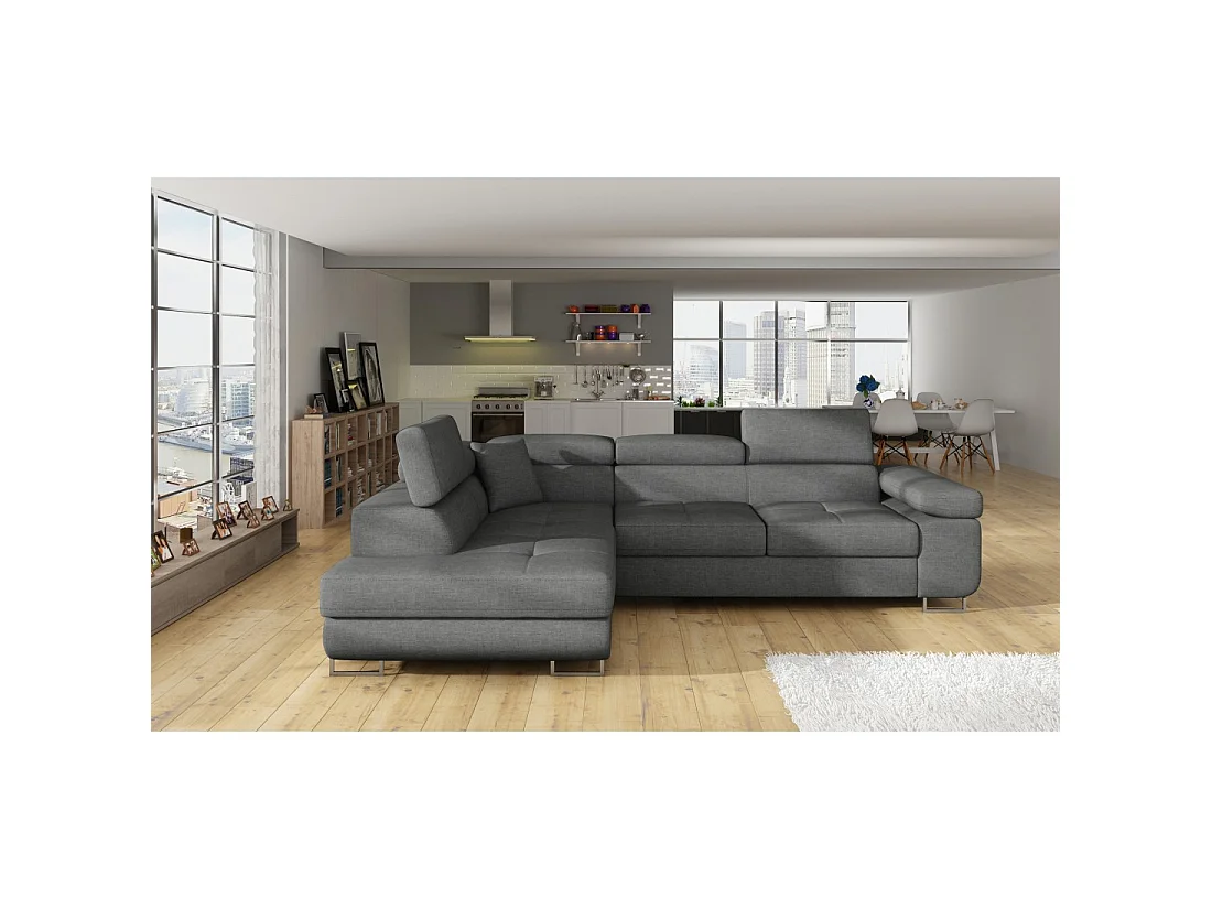 Canapé d'angle convertible MENTON gris tissu tissé – Angle gauche avec coffre