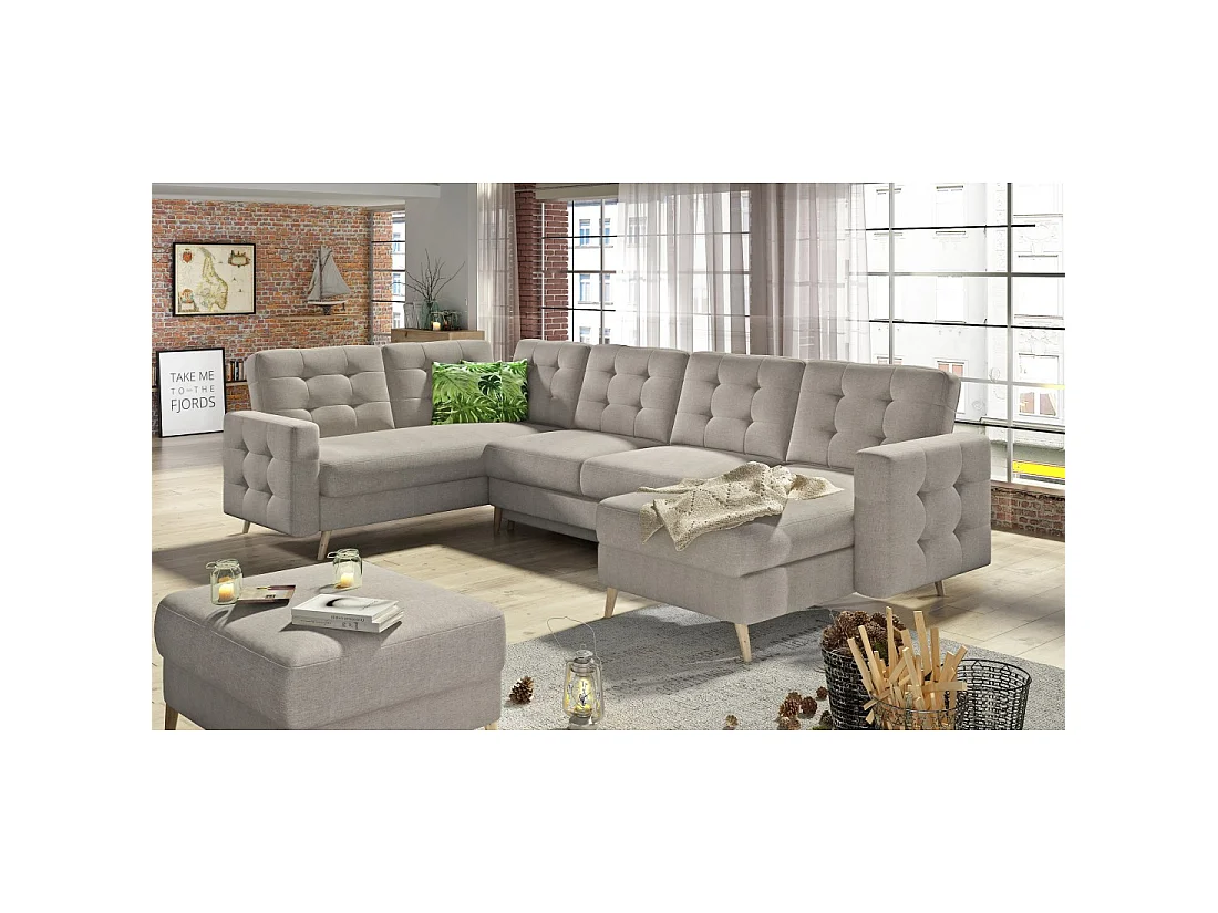 Sofá panorámico convertible en forma de U HASGARD de 326 cm color arena con compartimento de almacenaje