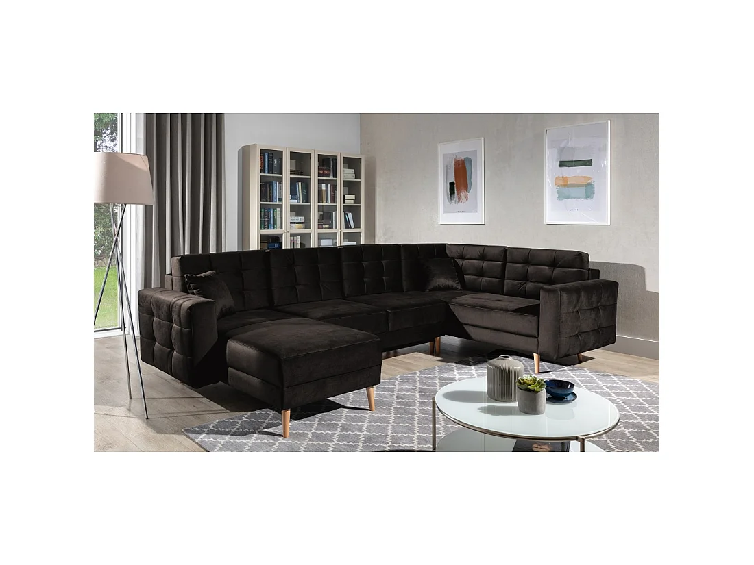 Canapé d'angle panoramique convertible U HASGARD 326 cm marron foncé velours avec coffre