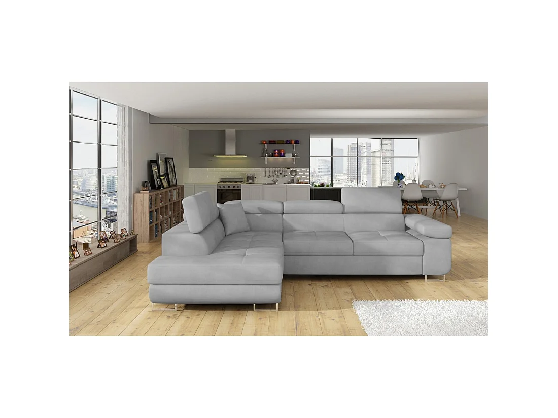 Canapé d'angle convertible MENTON gris – Angle gauche avec coffre
