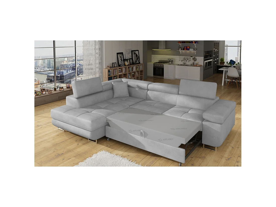 Canapé d'angle convertible MENTON gris – Angle gauche avec coffre