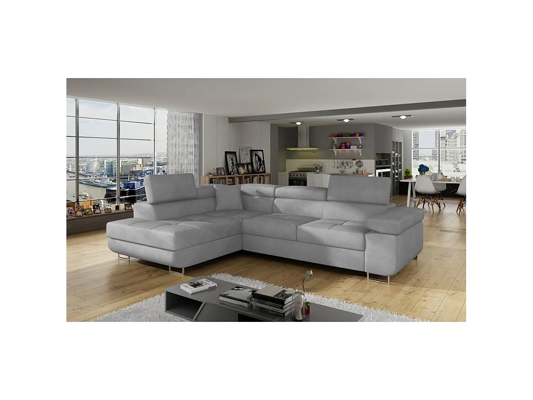Canapé d'angle convertible MENTON gris – Angle gauche avec coffre