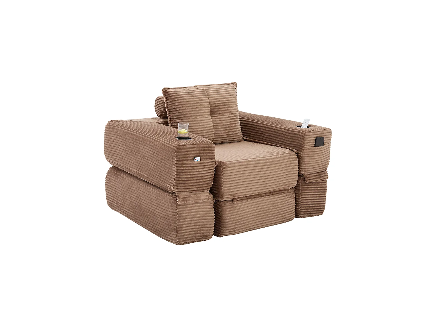 Canapé convertible en velours côtelé avec poche latérale et porte-gobelet - Marron