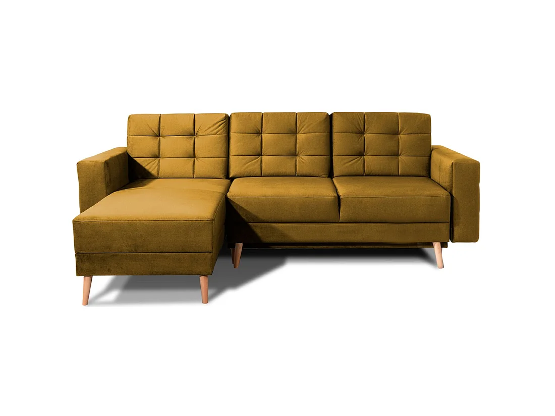 Canapé d'angle convertible HASGARD 3 places jaune 248x162 cm – coffre et pieds bois