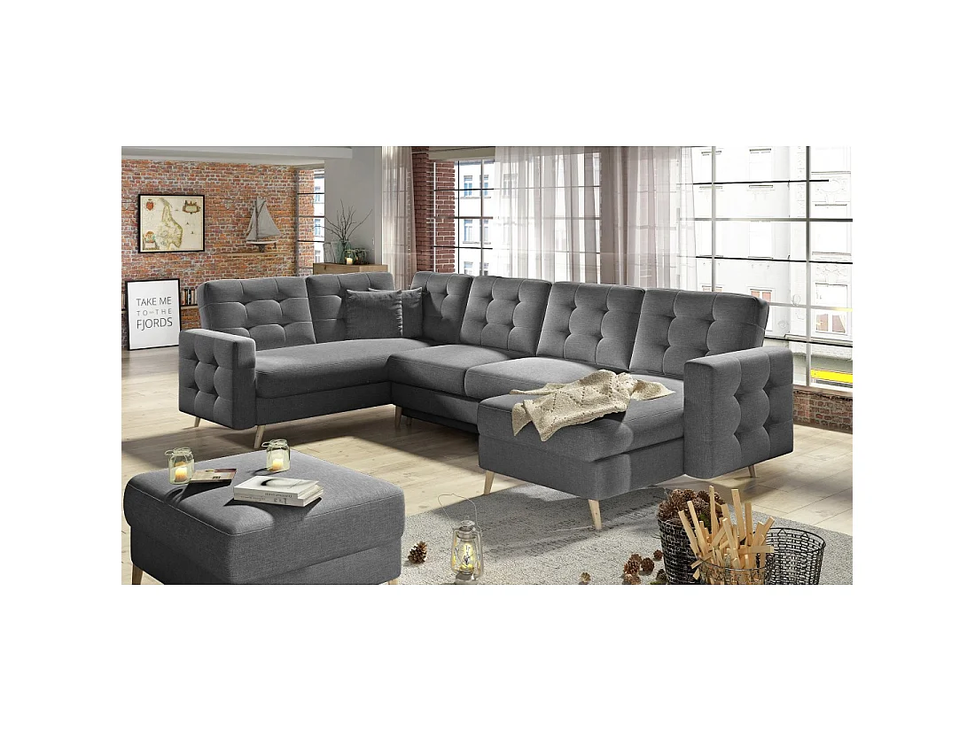 Canapé d'angle panoramique convertible U HASGARD 326 cm gris foncé avec coffre
