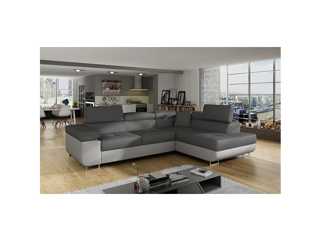 Canapé d'angle convertible MENTON gris et blanc – Angle droit avec coffre