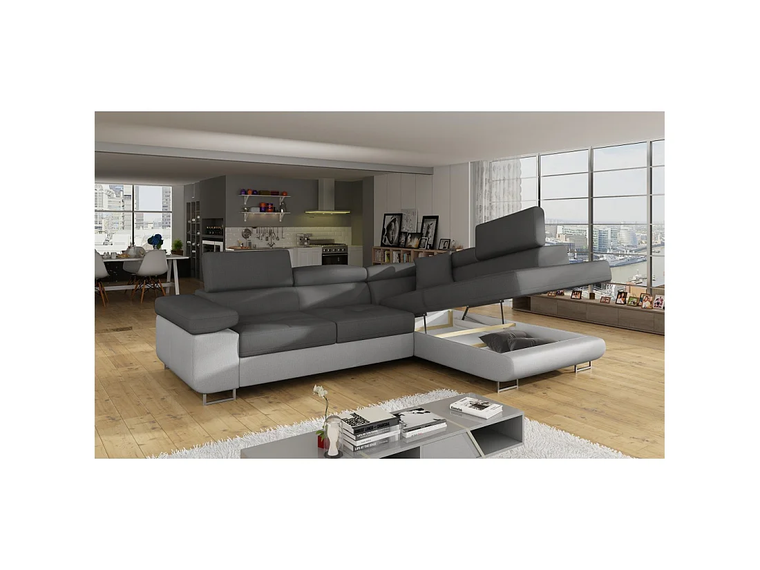 Canapé d'angle convertible MENTON gris et blanc – Angle droit avec coffre
