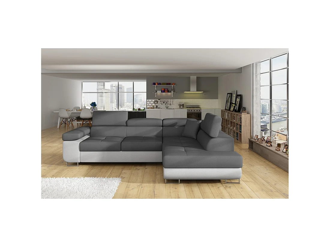 Canapé d'angle convertible MENTON gris et blanc – Angle droit avec coffre
