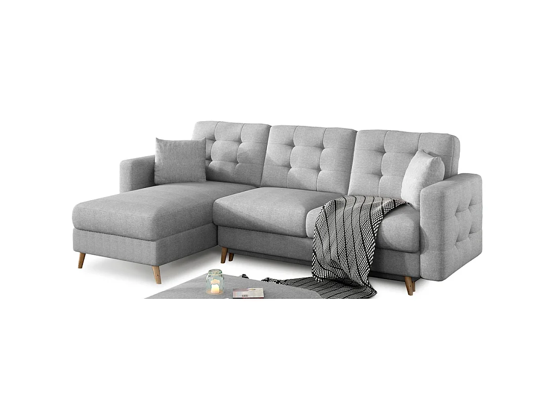 Canapé d'angle convertible HASGARD 3 places gris 248x162 cm – coffre et pieds bois