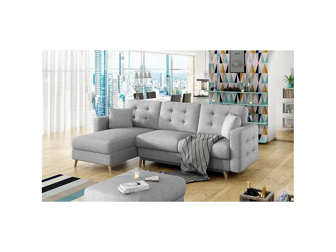 Canapé d'angle convertible HASGARD 3 places gris 248x162 cm – coffre et pieds bois