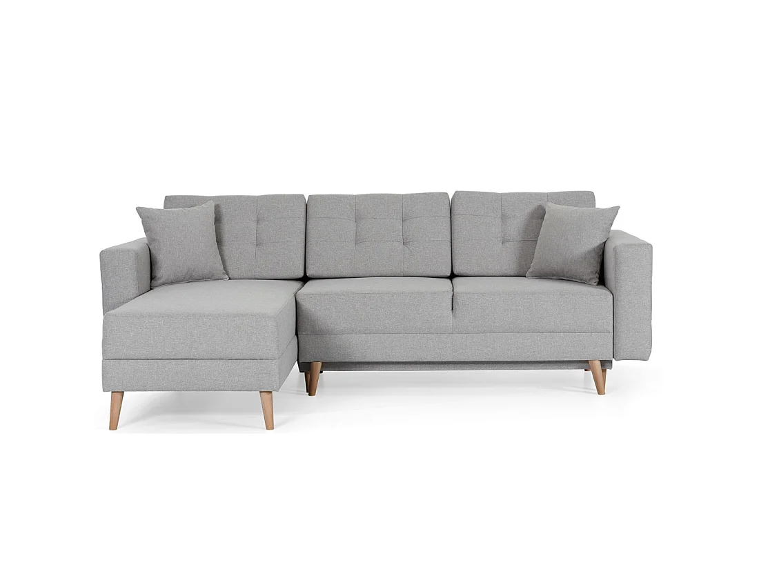 Canapé d'angle convertible HASGARD 3 places gris 248x162 cm – coffre et pieds bois