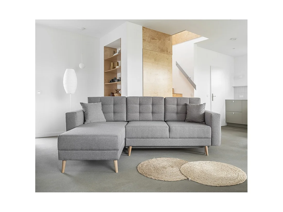 Canapé d'angle convertible HASGARD 3 places gris 248x162 cm – coffre et pieds bois