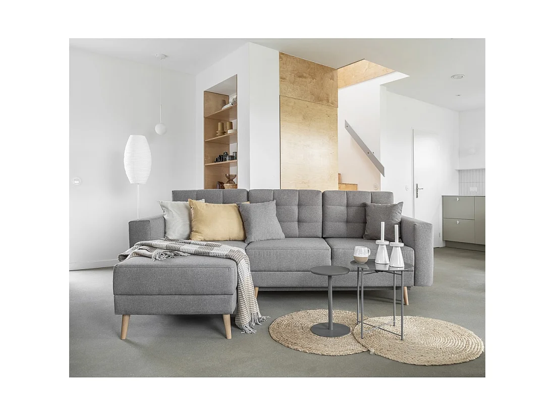 Canapé d'angle convertible HASGARD 3 places gris 248x162 cm – coffre et pieds bois