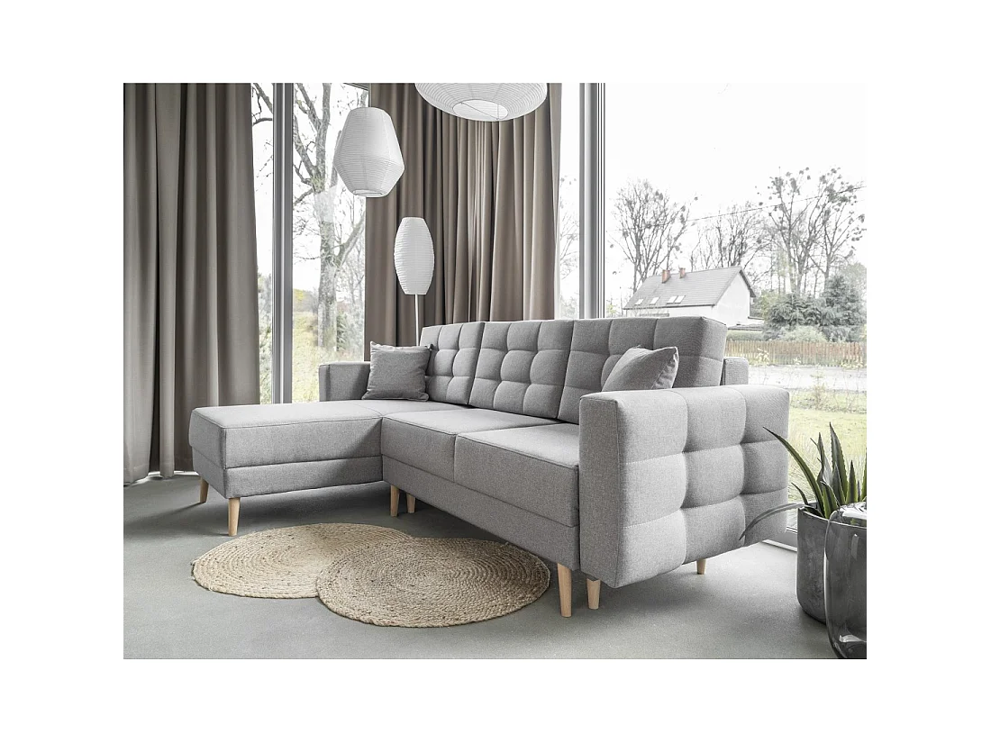 Canapé d'angle convertible HASGARD 3 places gris 248x162 cm – coffre et pieds bois