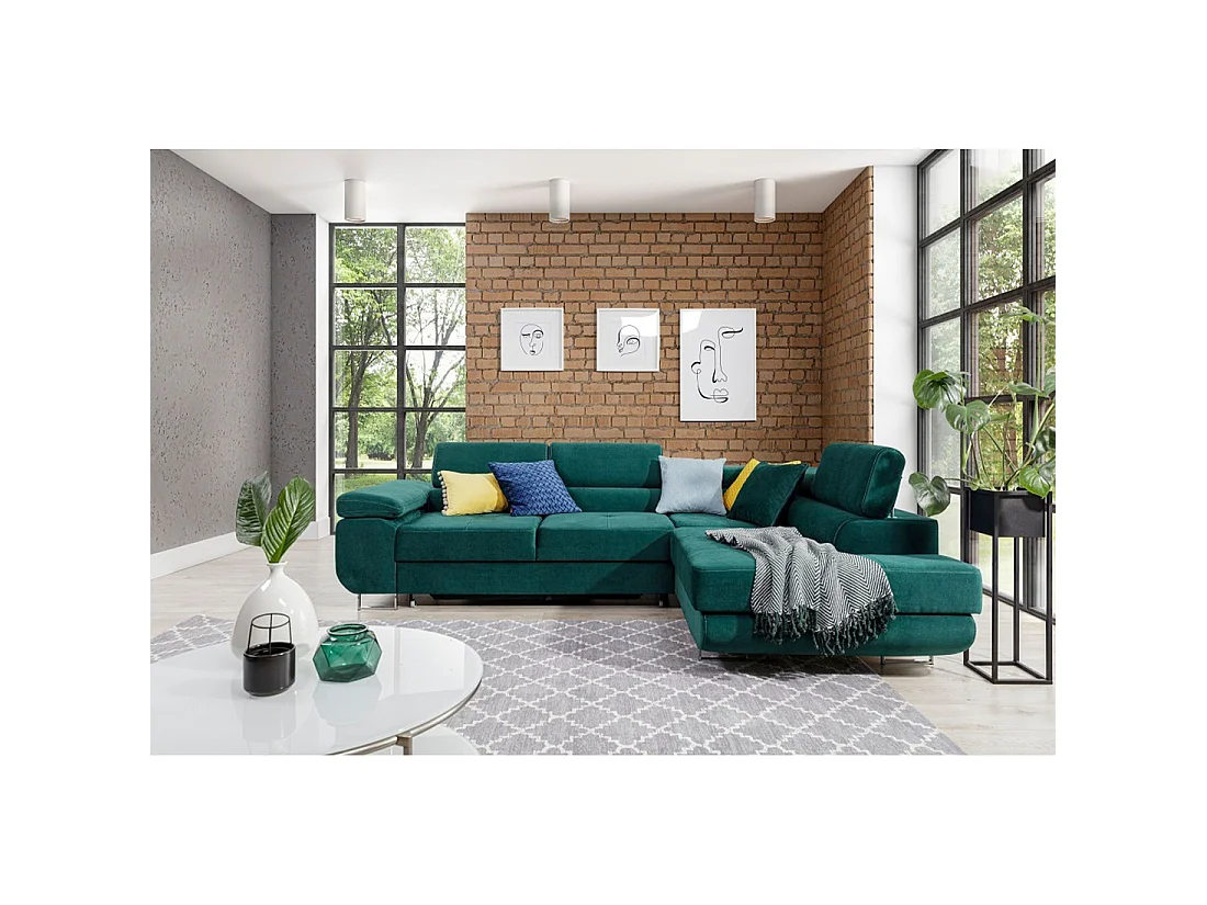 Canapé d'angle convertible MENTON vert canard velours – Angle droit avec coffre