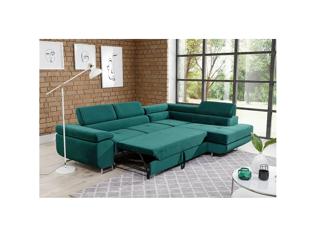Canapé d'angle convertible MENTON vert canard velours – Angle droit avec coffre