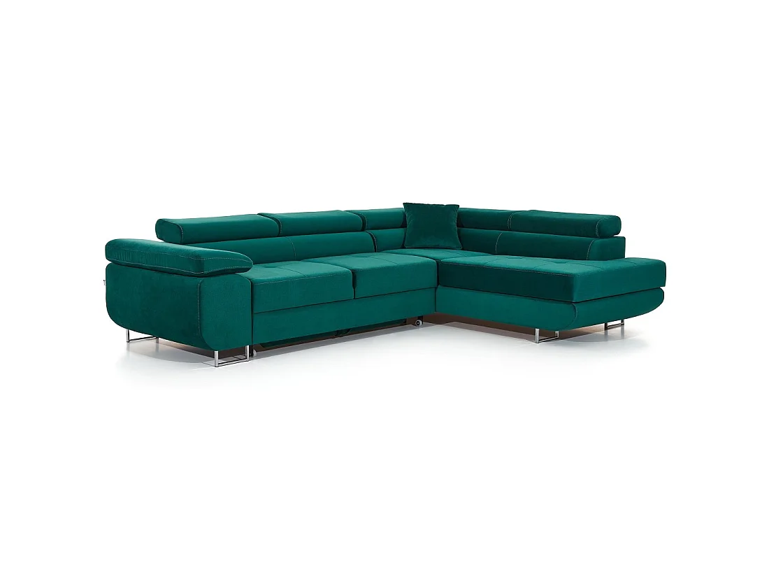 Canapé d'angle convertible MENTON vert canard velours – Angle droit avec coffre