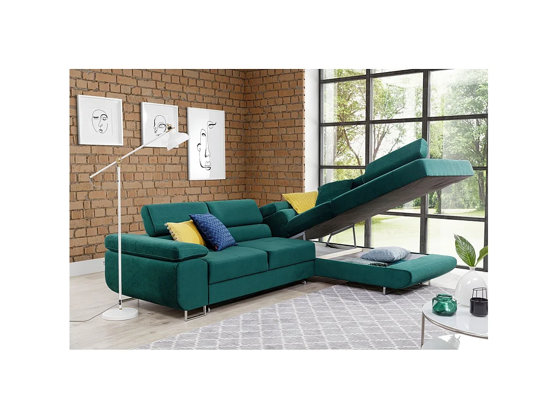 Canapé d'angle convertible MENTON vert canard velours – Angle droit avec coffre