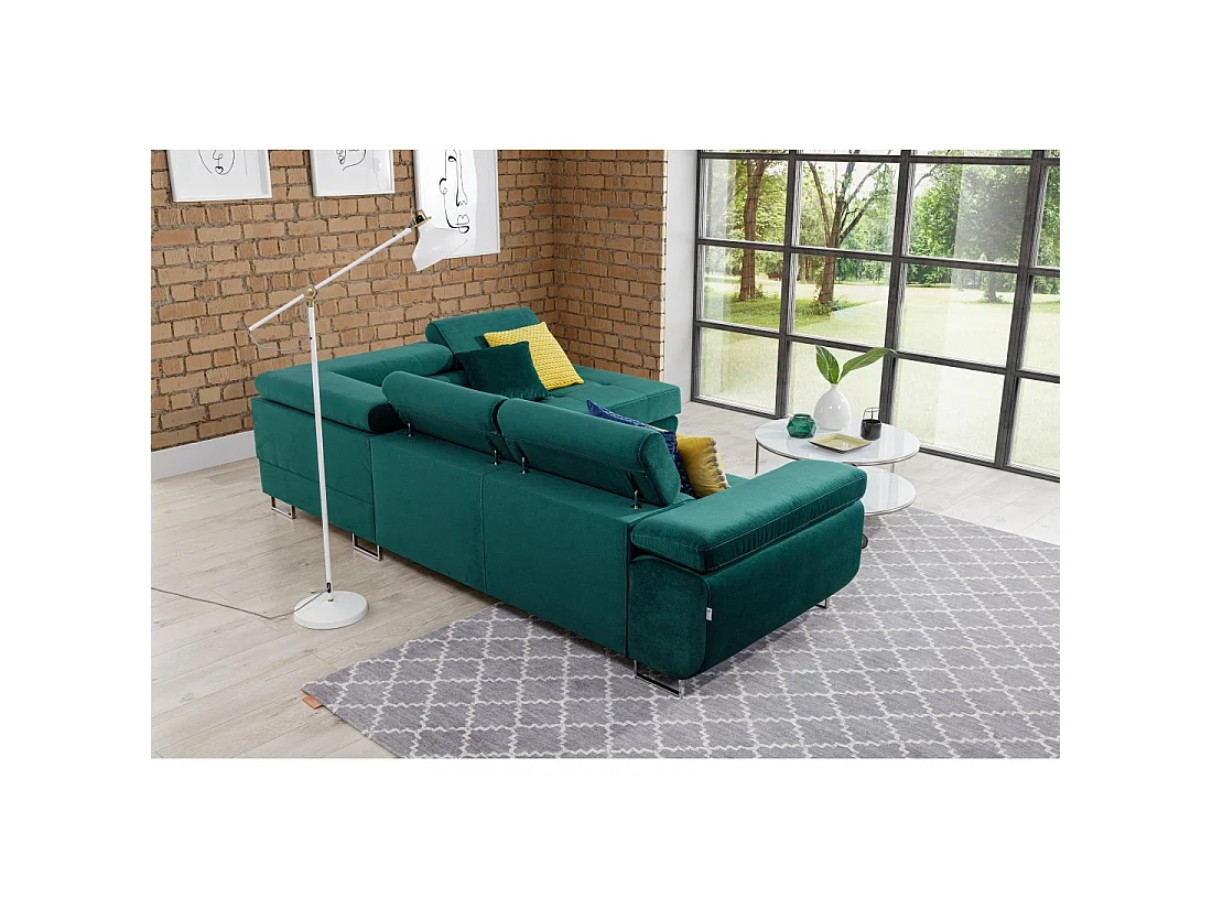Canapé d'angle convertible MENTON vert canard velours – Angle droit avec coffre