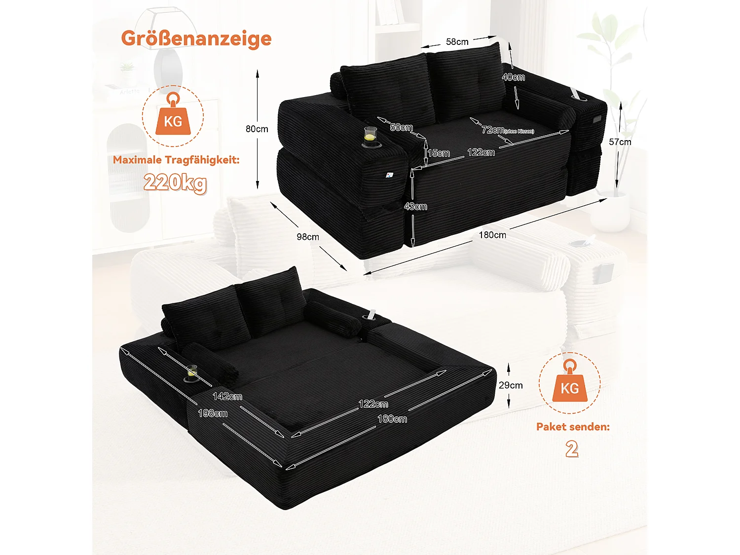 Canapé 2 places convertible avec 2 coussins - Canapé-lit en velours côtelé noir