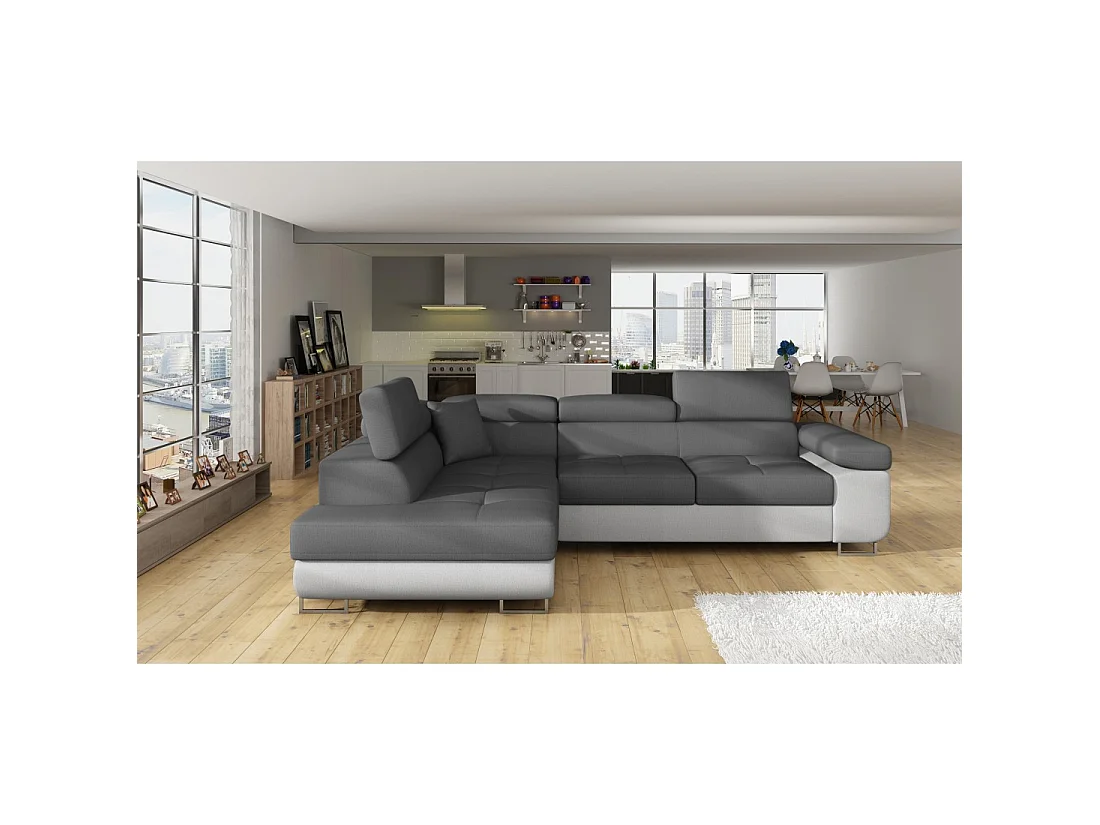 Canapé d'angle convertible MENTON gris et blanc bouclette – Angle gauche avec coffre
