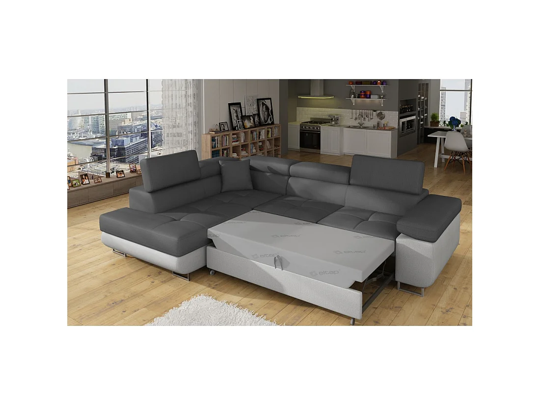 Canapé d'angle convertible MENTON gris et blanc bouclette – Angle gauche avec coffre