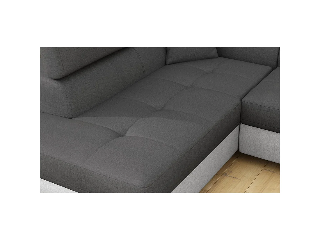 Canapé d'angle convertible MENTON gris et blanc bouclette – Angle gauche avec coffre