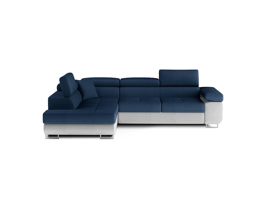 Canapé d'angle convertible MENTON bleu océan et blanc bouclette – Angle gauche avec coffre