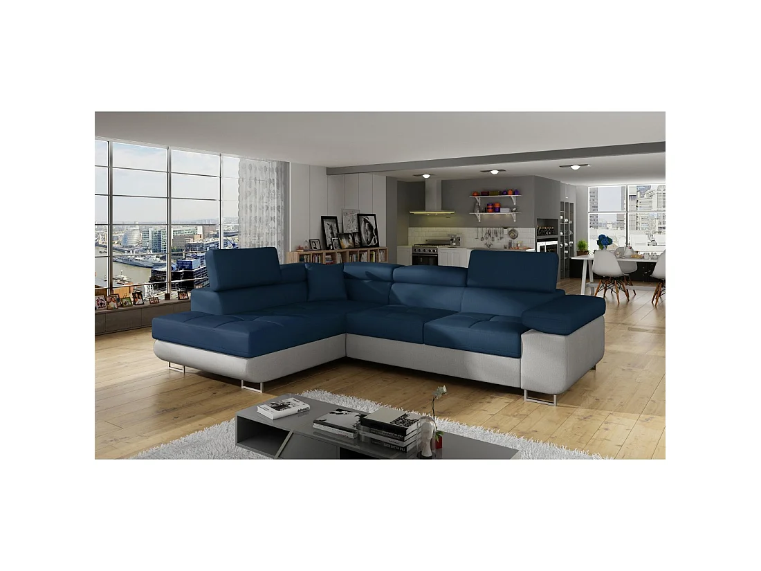 Canapé d'angle convertible MENTON bleu océan et blanc bouclette – Angle gauche avec coffre