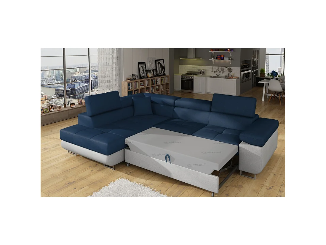 Canapé d'angle convertible MENTON bleu océan et blanc bouclette – Angle gauche avec coffre