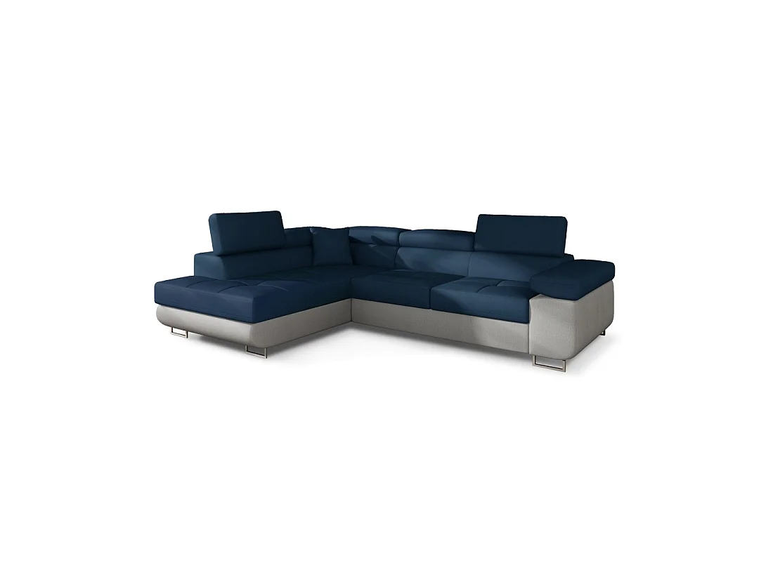 Canapé d'angle convertible MENTON bleu océan et blanc bouclette – Angle gauche avec coffre