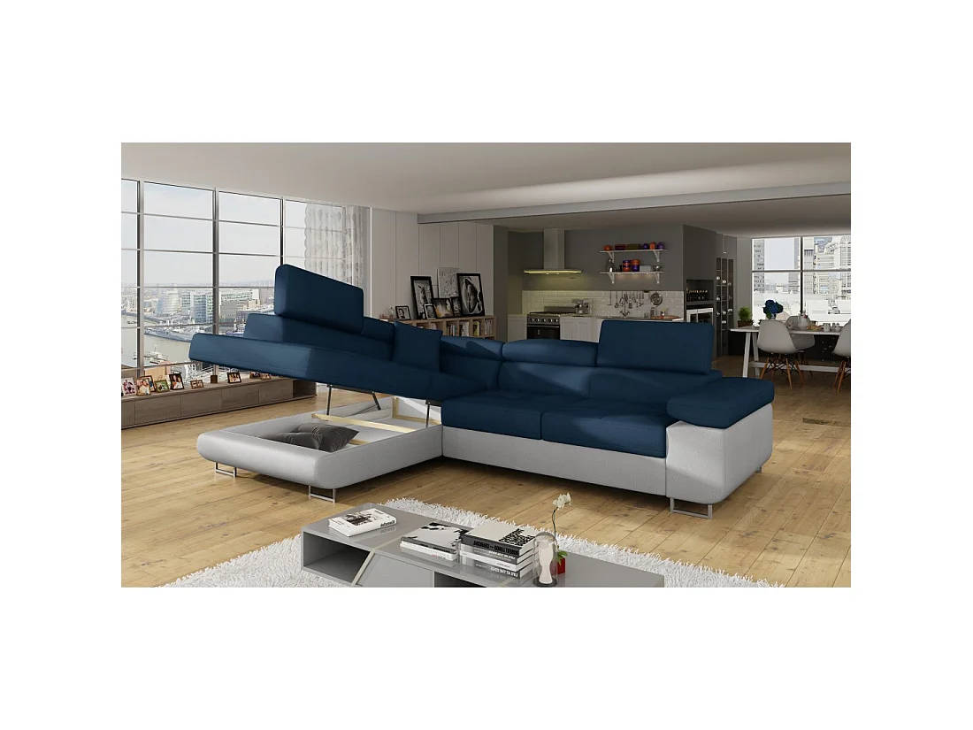 Canapé d'angle convertible MENTON bleu océan et blanc bouclette – Angle gauche avec coffre