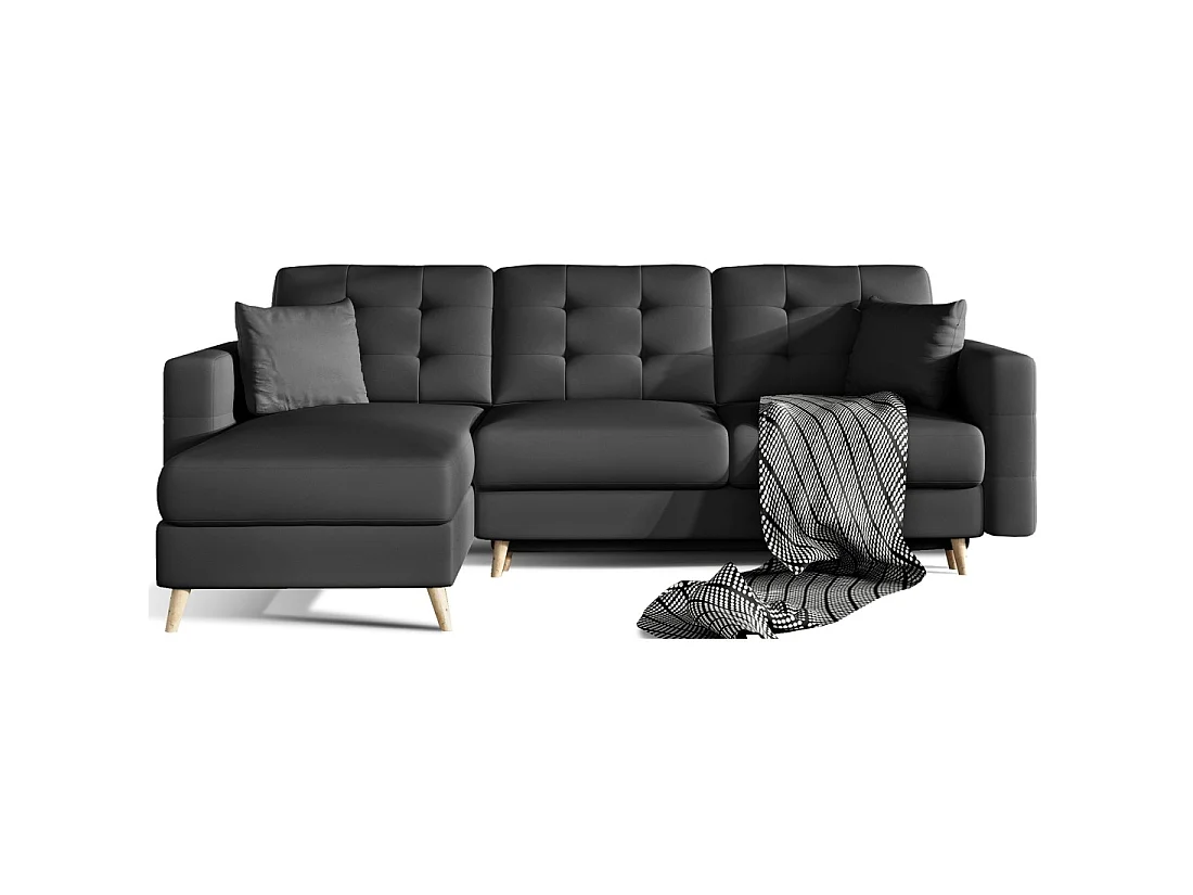 Canapé d'angle convertible HASGARD 3 places noir 248x162 cm – coffre et pieds bois