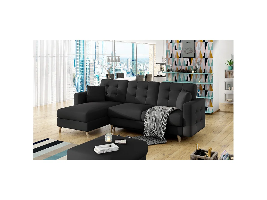 Canapé d'angle convertible HASGARD 3 places noir 248x162 cm – coffre et pieds bois